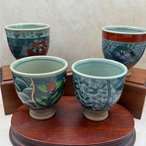 Antique Seishu Japanese Celadon Tea Cups Set Of 4 Hand Painted With Underglaze